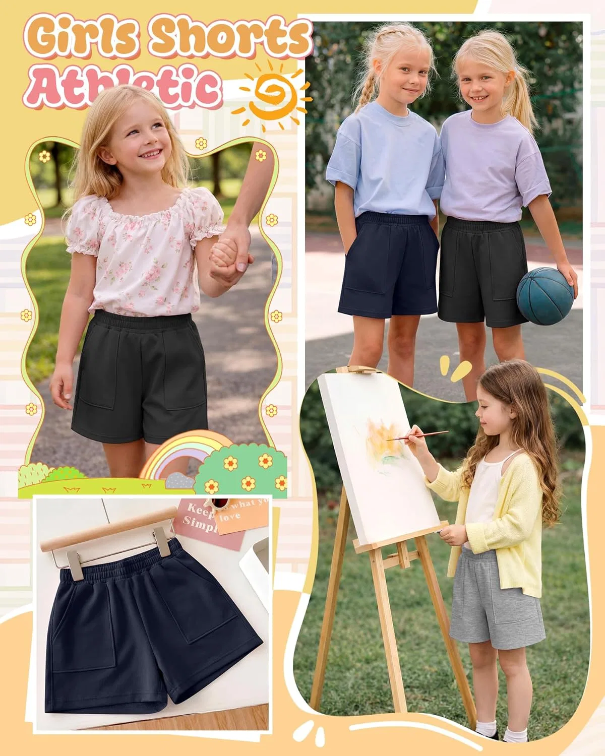 Комплект шорт для девочек 3 шт, Athletic, Langyiwee, Navy Blue, Light Heather Gray, Black — фото 2