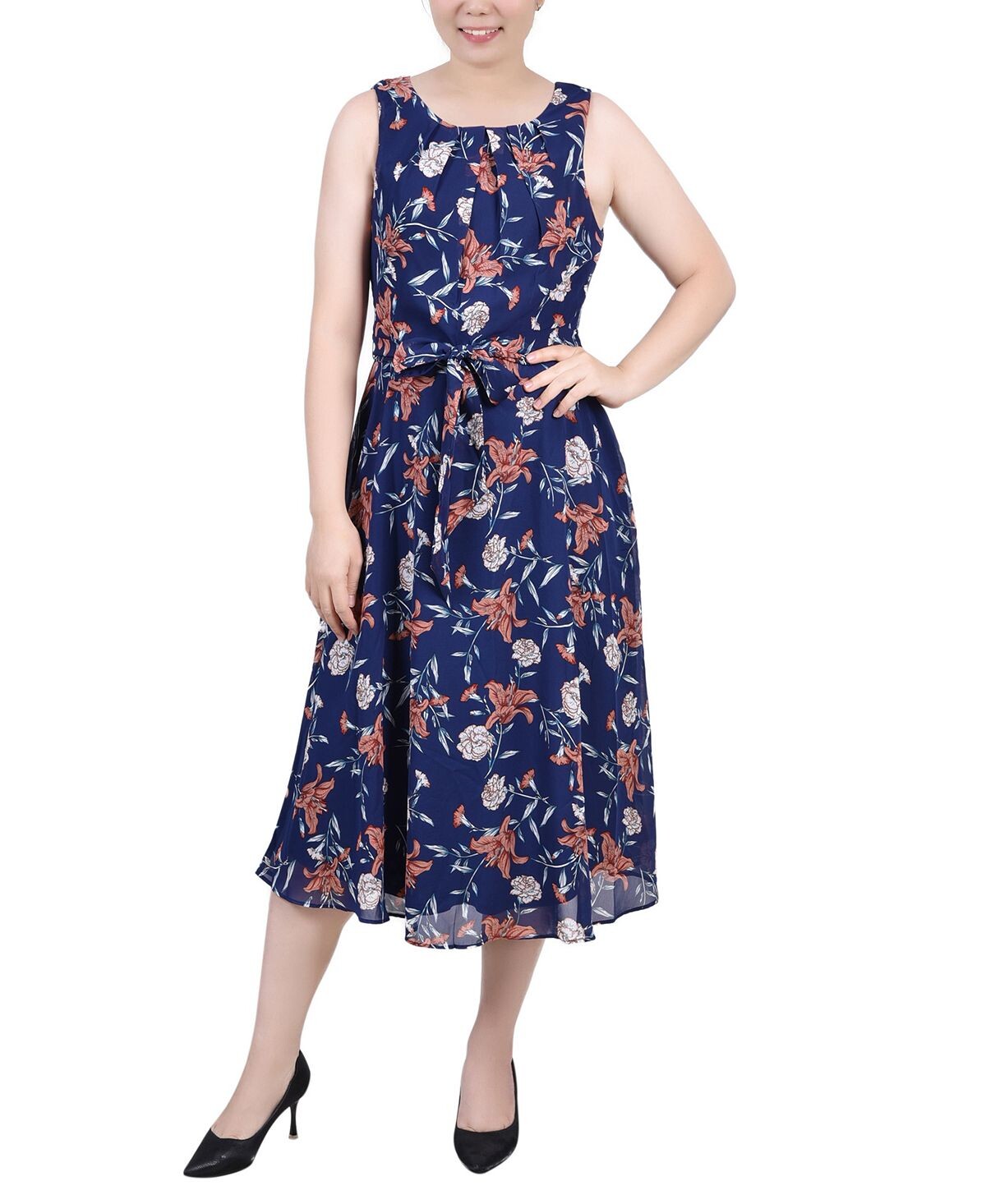 

Миниатюрное шифоновое платье без рукавов с поясом NY Collection