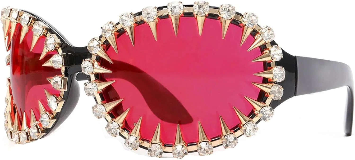 

Большие овальные солнцезащитные очки с заклепками для женщин, модные солнцезащитные очки-щитки 2025 года, очки для активного отдыха на природе mincl, Black Red