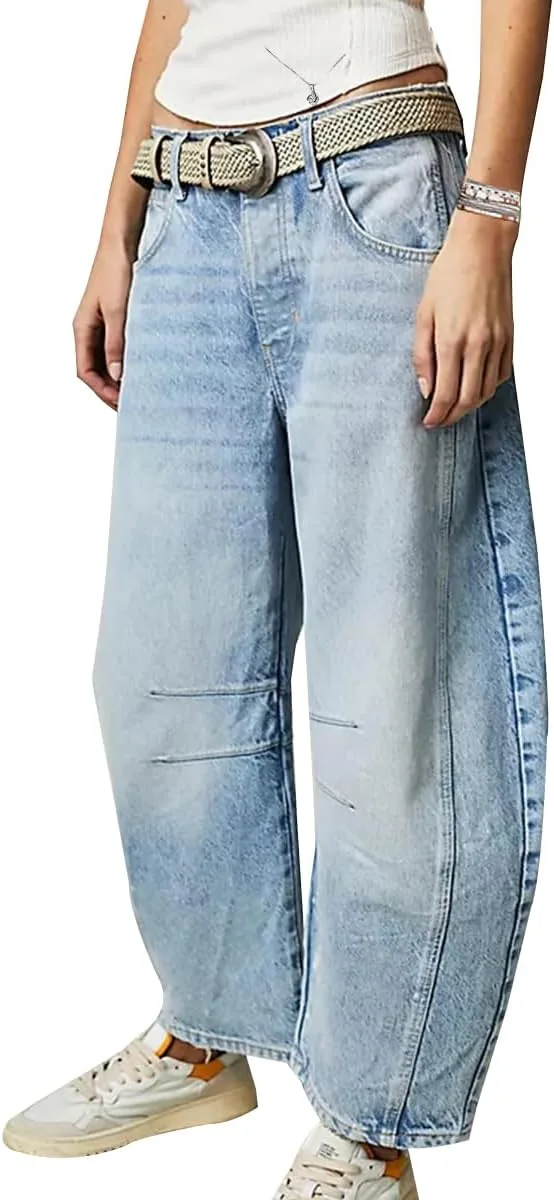 

ZOCAVIA Women's Barrel Jeans Y2k Printed Mid Rise Wide Leg