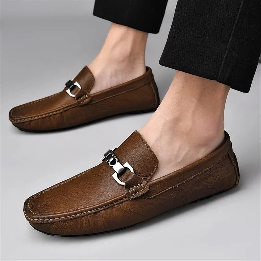 Лоферы кожаные Mens Loafers Driving Moccasins Loafers, хаки SayfuR — фото 4