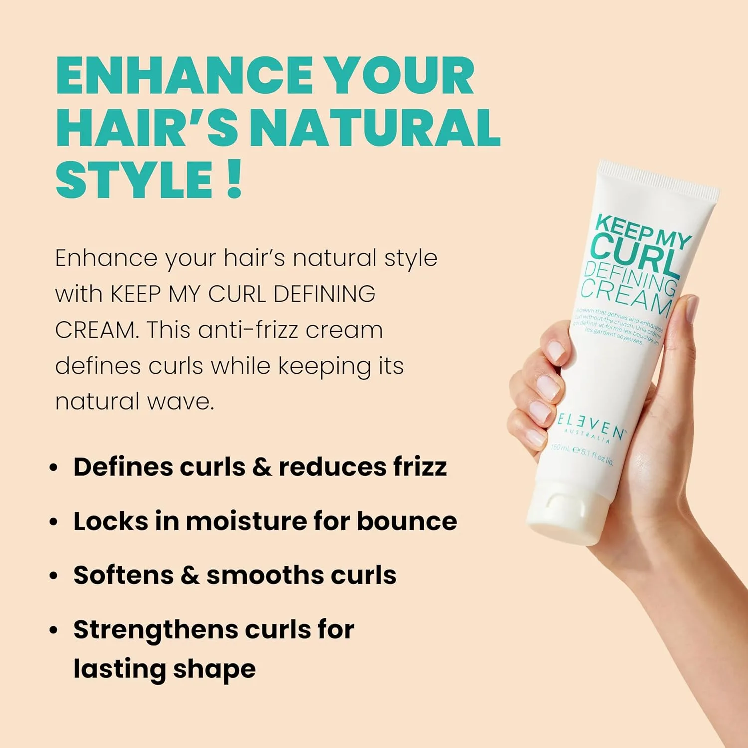 ELEVEN AUSTRALIA Keep My Curl Defining Cream, крем для завивки волнистых волос, добавляет упругость и увлажнение, усиливает естественные волны, без парабенов 151 мл (1 шт.) — фото 3
