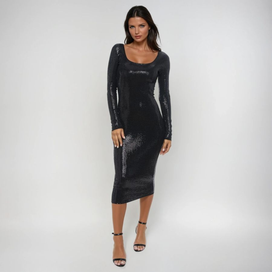 

Женское длинное платье макси с длинными рукавами, квадратным вырезом и в горошек в стиле диско Bebe, Black