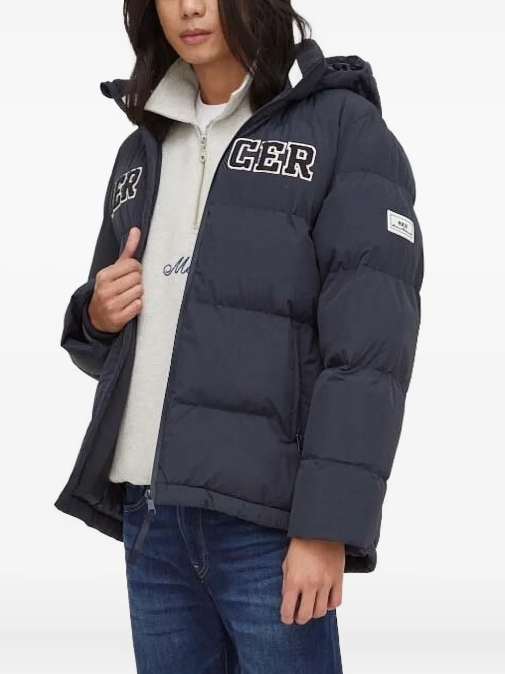 

Пуховик с капюшоном и вышитым логотипом The Mercer Brand, синий
