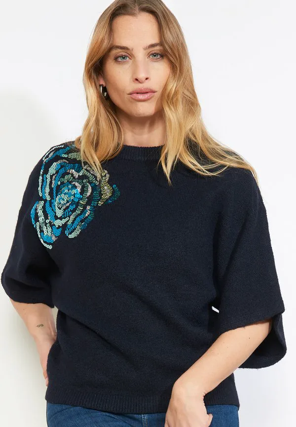 

Футболка с цветочным принтом и пайетками Lolaliza, Navy Basic, Синий, Футболка с цветочным принтом и пайетками Lolaliza, Navy Basic