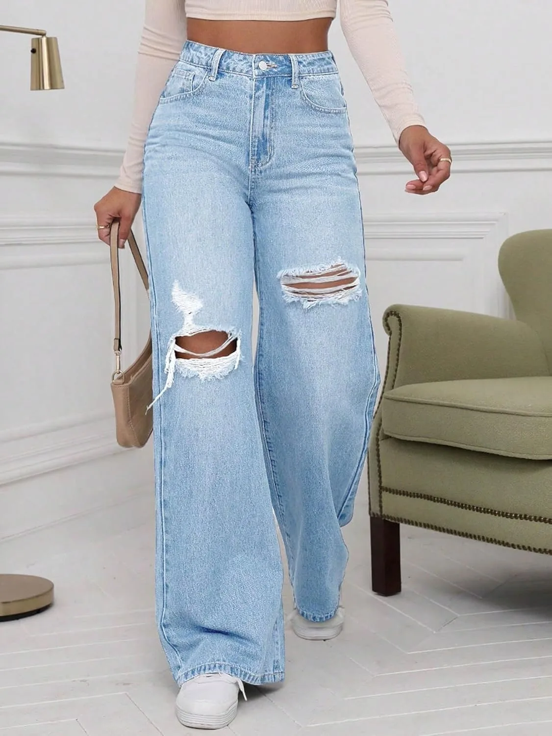 Женские классические джинсы в стиле washed denim Generic, Light Wash — фото 2