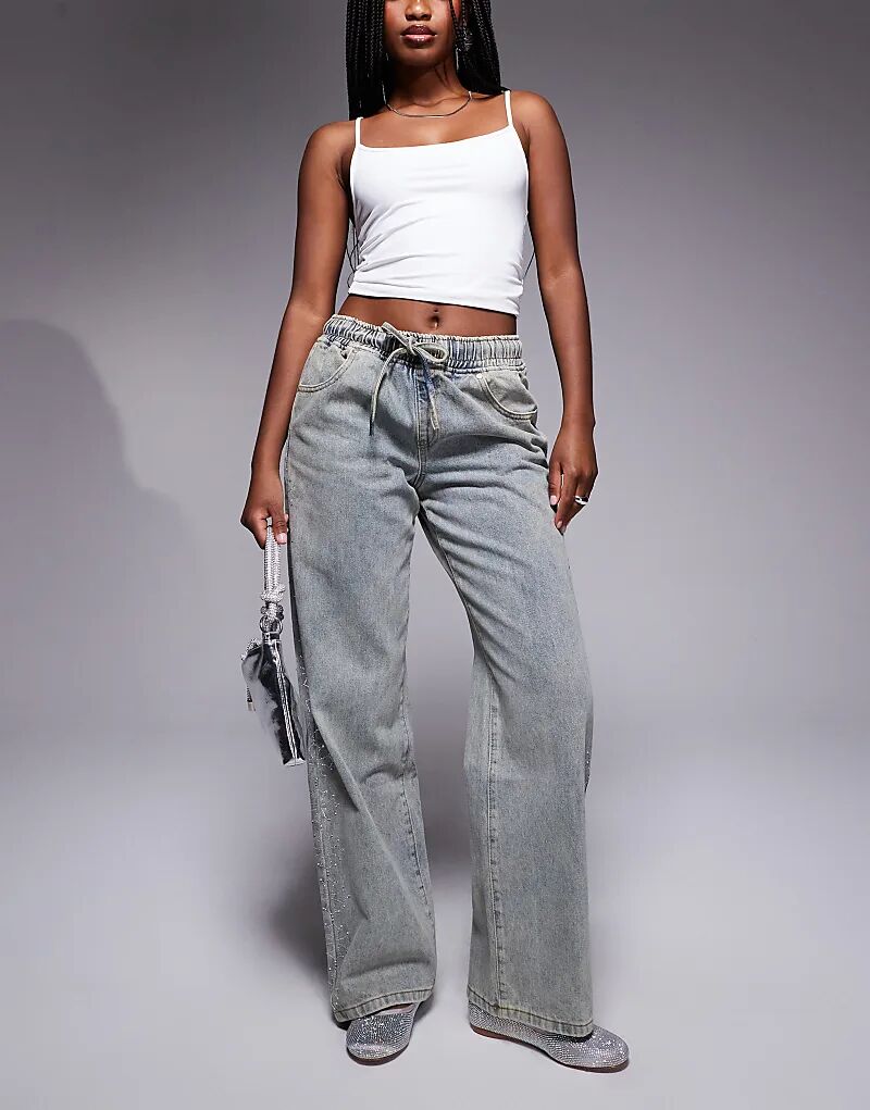 

Мешковатые джинсы с отделкой из стразов по бокам синего цвета Liquor N Poker