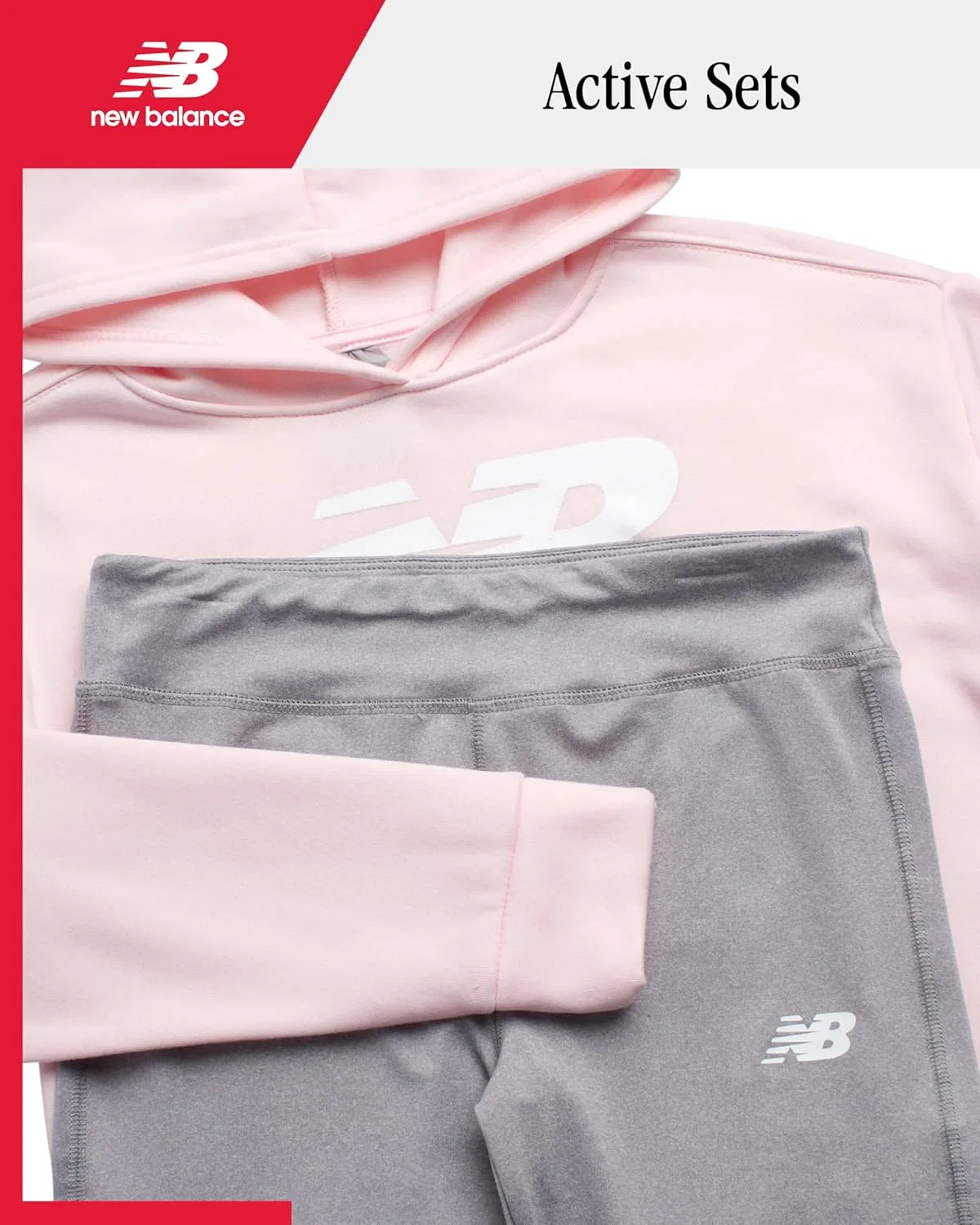 Комплект леггинсов New Balance для девочек - 2 предмета: пуловер, толстовка с капюшоном и спортивные леггинсы, детский спортивный костюм (7-12 лет), Rose Sugar Grey — фото 2