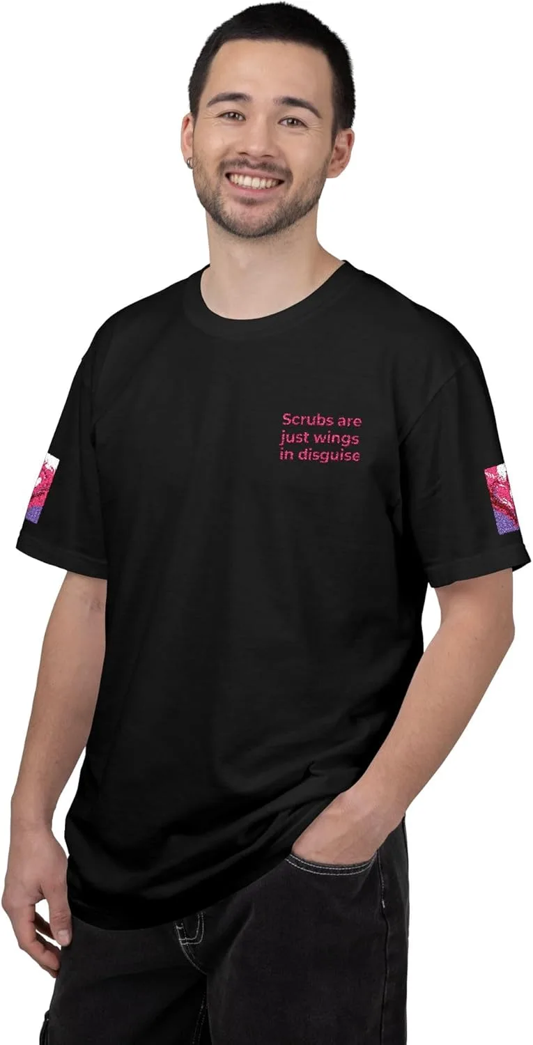 Футболка с принтом "Scrubs are Just Wings in Disguise" | Медицинский юмор для медсестер, с цветочным акцентом на рукаве — фото 2