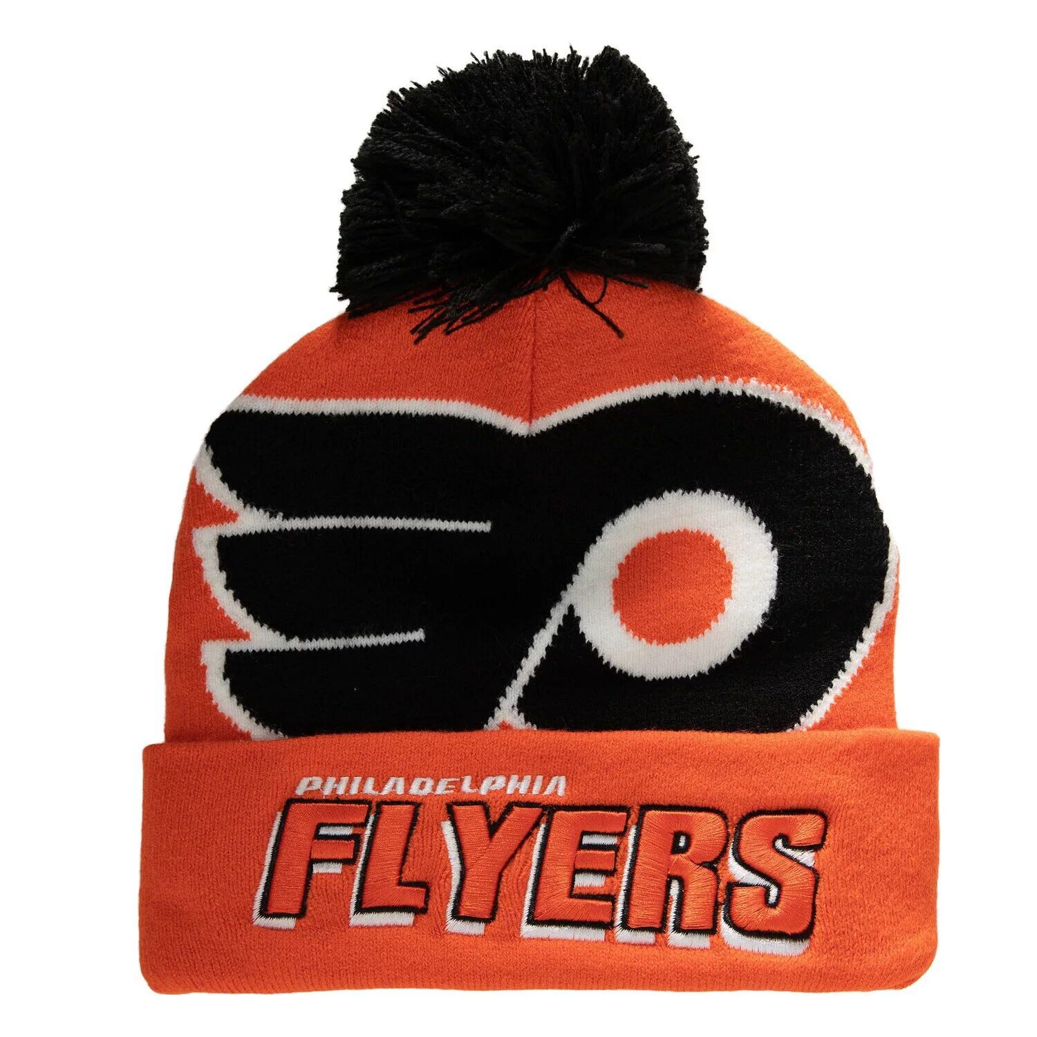 

Мужская вязаная шапка с манжетами и помпоном Mitchell & Ness Orange Philadelphia Flyers