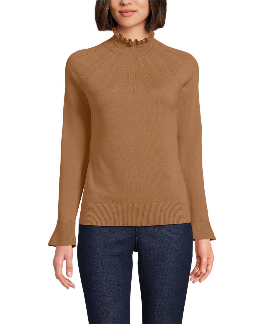 

Женский хлопковый свитер с высоким воротником и ажурной отделкой Lands' End, Canyon camel