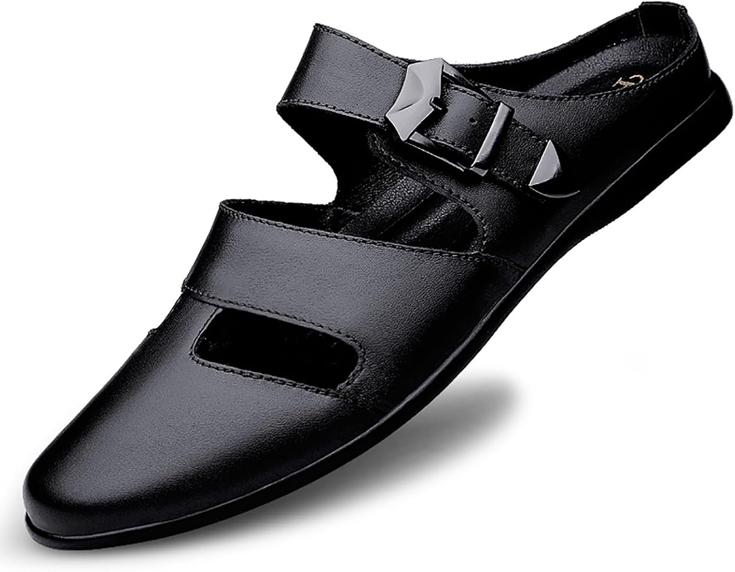 

Мужские сандалии из натуральной кожи с закрытым носком, регулируемым ремешком с пряжкой, дышащие, с противоскользящей подошвой, плоские мюли, летние повседневные для пляжа, вождения и прогулок Loveheynew, черный