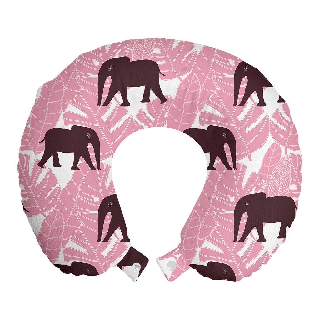 

ABAKUHAUS Elephant Travel Pillow Поддержка шеи, Тропические пальмовые листья Африки, Пенопластовые дорожные принадлежности для самолета и автомобиля, 30x30 см, Пастельный Розовый-Темная Фуксия
