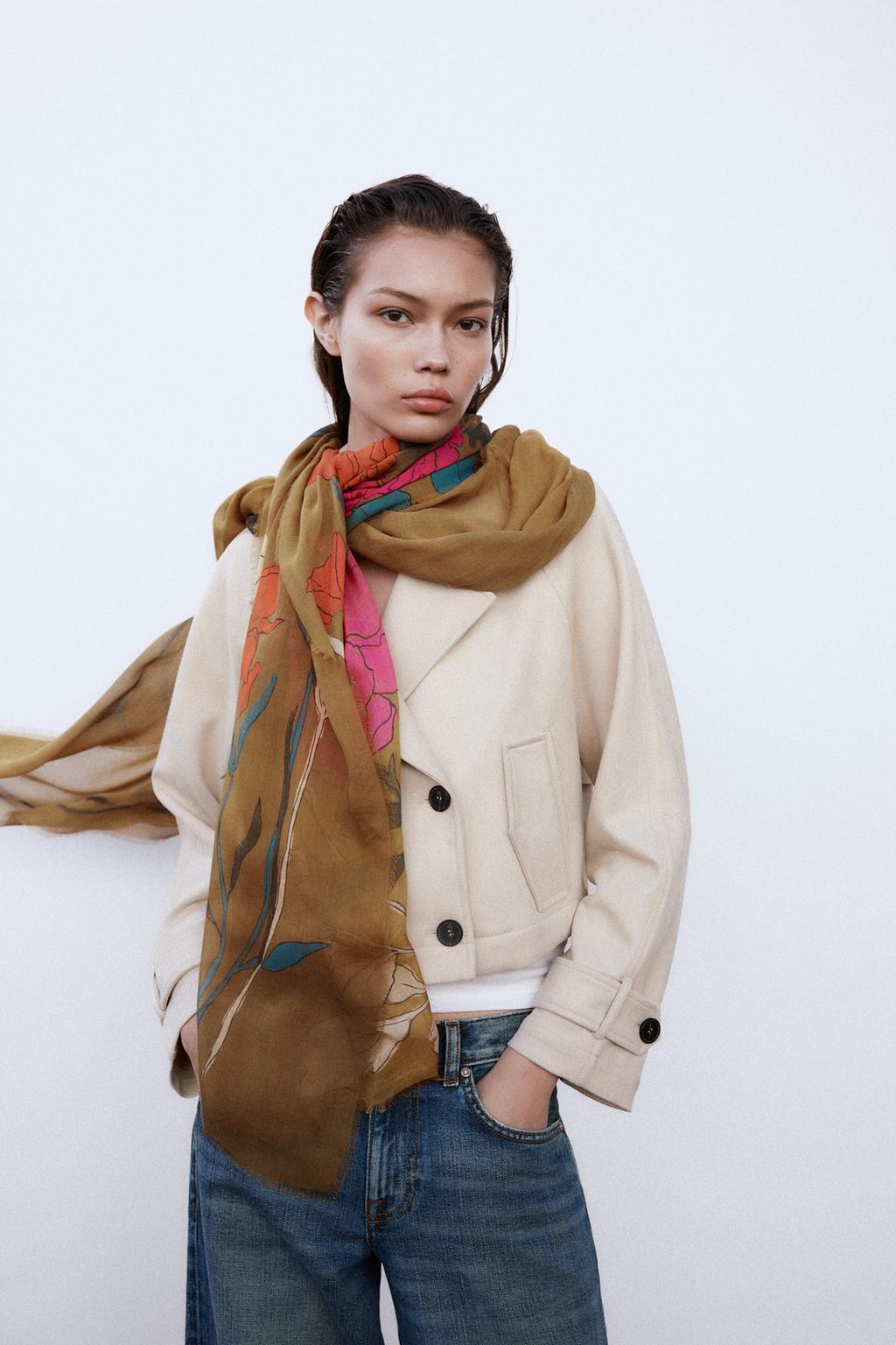 

Шарф с модальным цветочным принтом ZARA, цвет Toffee