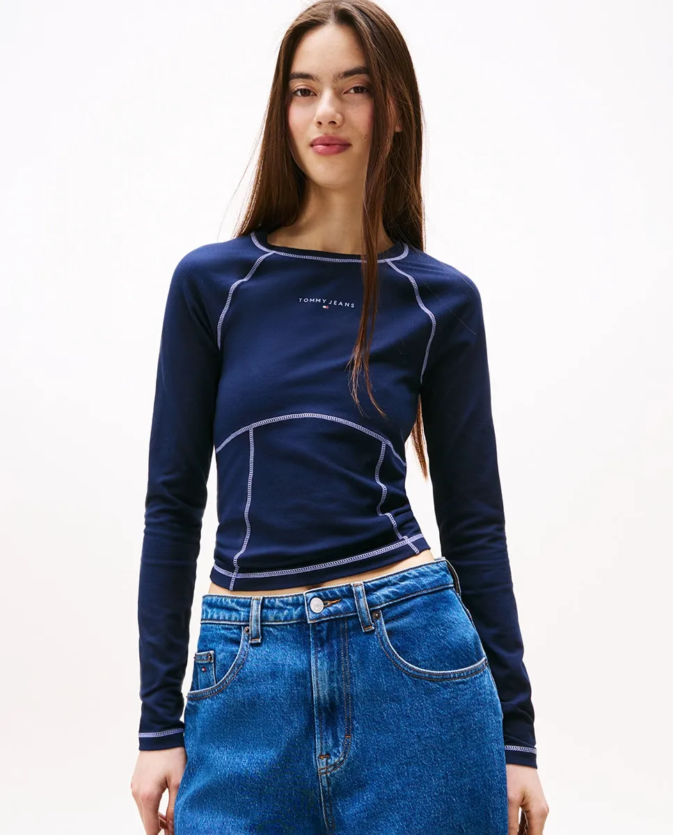 

Женский топ с контрастными швами, облегающего кроя Tommy Jeans, темно-синий