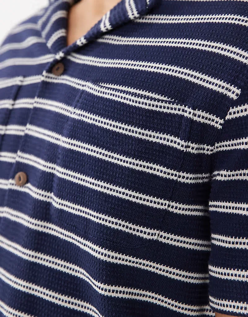 Вязаная полосатая рубашка Polo Ralph Lauren с короткими рукавами, темно-синий/кремовый — фото 3