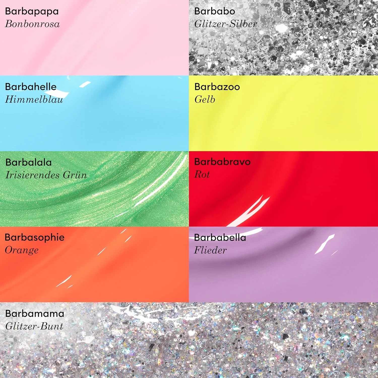 Детский набор лаков для ногтей «Barbapapa Family» Manucurist, Purple, Opal Purple, Multicoloured Glitter, Country Trousers, Sky Blue, Yellow, Red, Orange, Silver Glitter — фото 3
