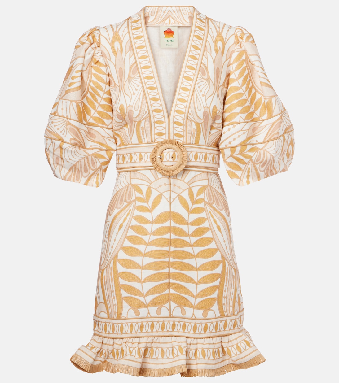 

Принтованное льняное мини-платье с поясом Farm Rio, Lace Nature Off-White