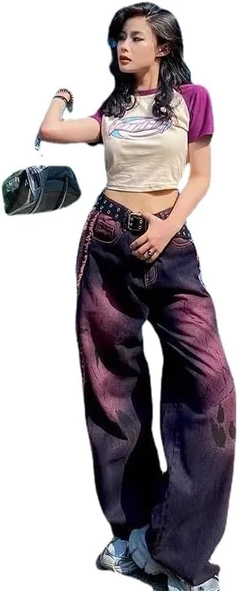 

Джинсы Unisex Baggy в стиле ретро с эффектом потертости и краски, прямые и свободные grhaat