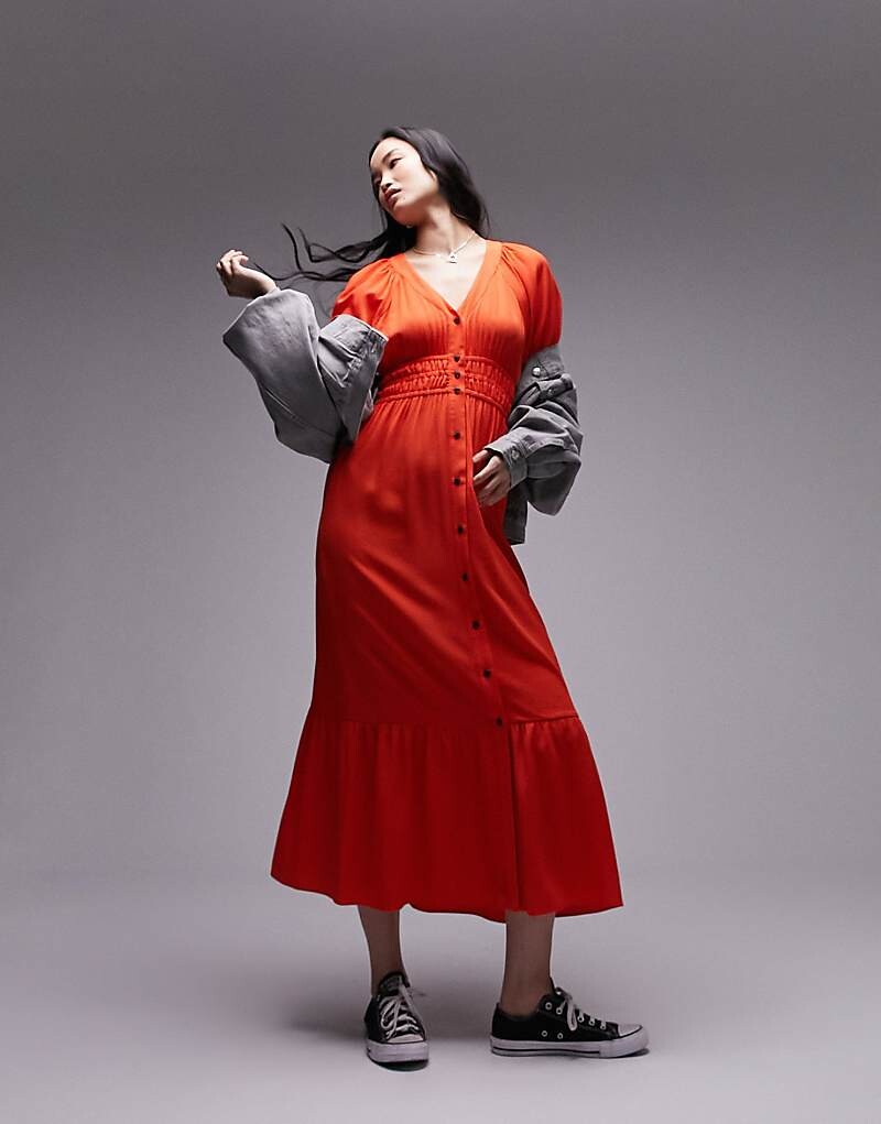 

Красное фактурное платье миди Topshop
