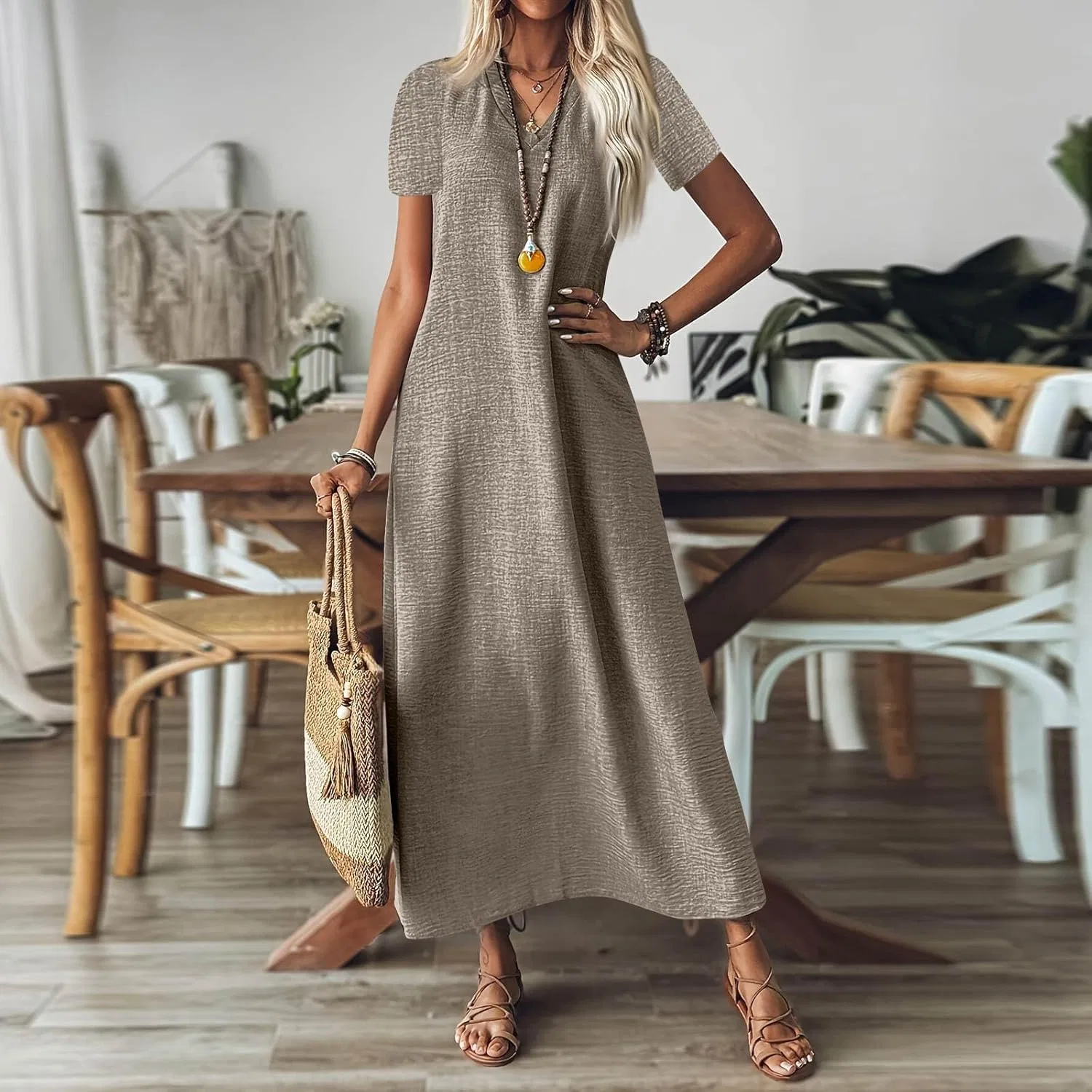 Летнее платье для женщин 2026 Cotton Linen Maxi Casual с коротким рукавом, длинное сарафан для отпуска Generic, хаки — фото 3