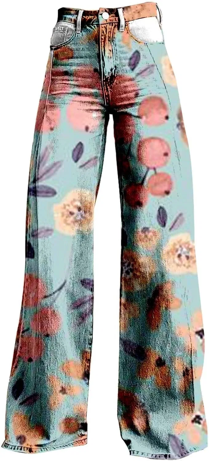 Джинсы Flare Wide Leg, принт, синий — фото 3