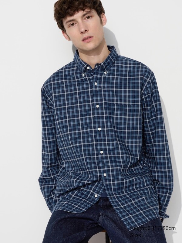 

Рубашка из сукна воротник на пуговицах, клетчатая Uniqlo, синий