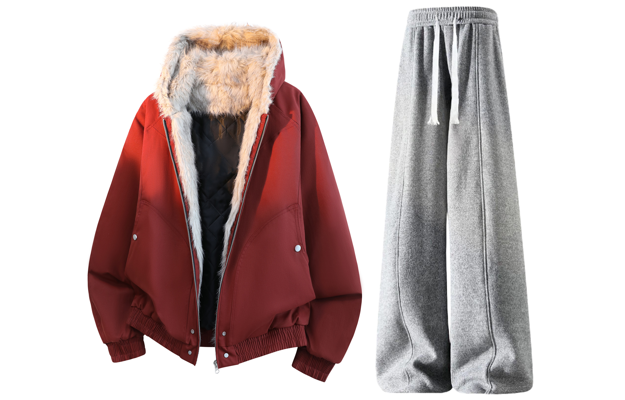 

Толстовка Casual Sportswear утепленная с капюшоном унисекс X1617, unisex красный puffer jacket+серый pants (fleece-lined)