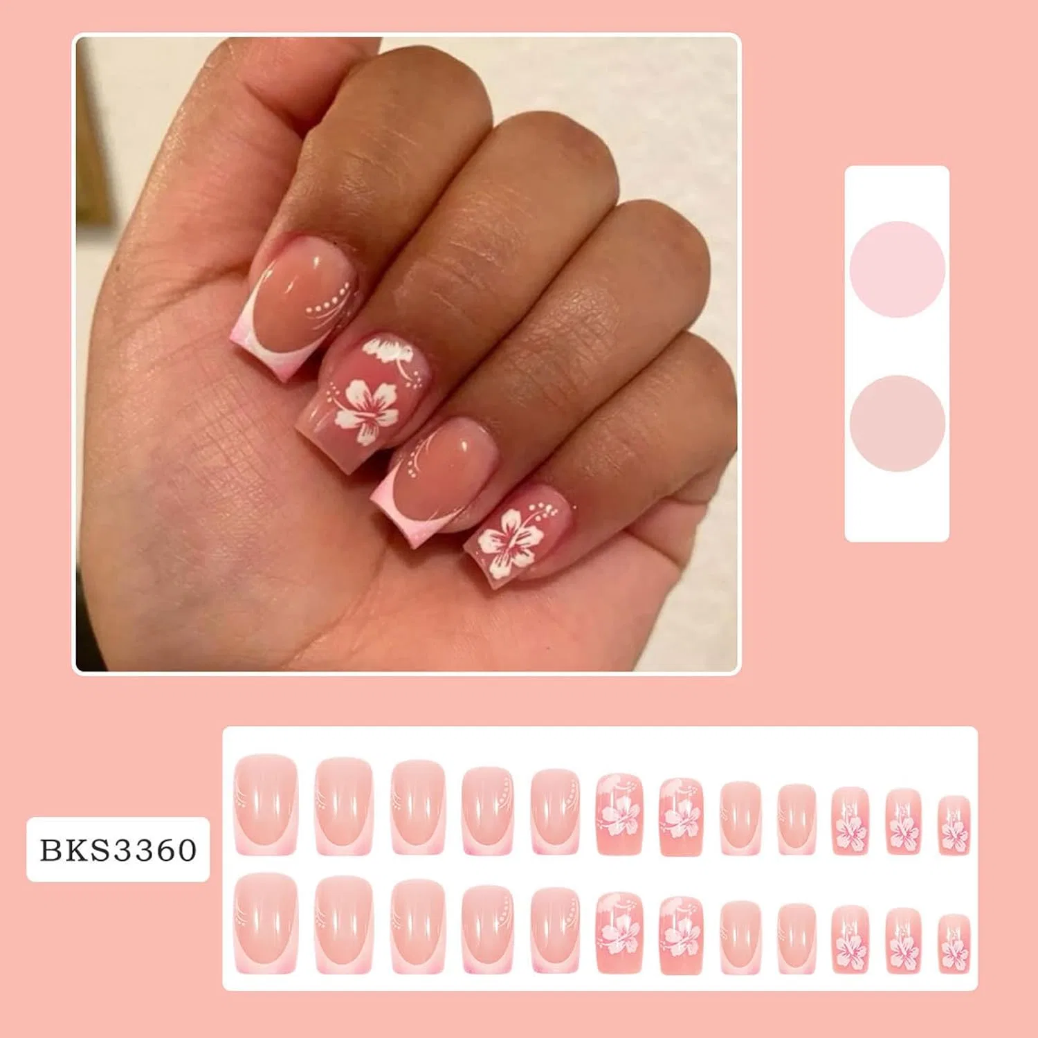Короткие квадратные накладные ногти с цветочным узором от Clawrex Clawrex, Pink And White Flowers — фото 4