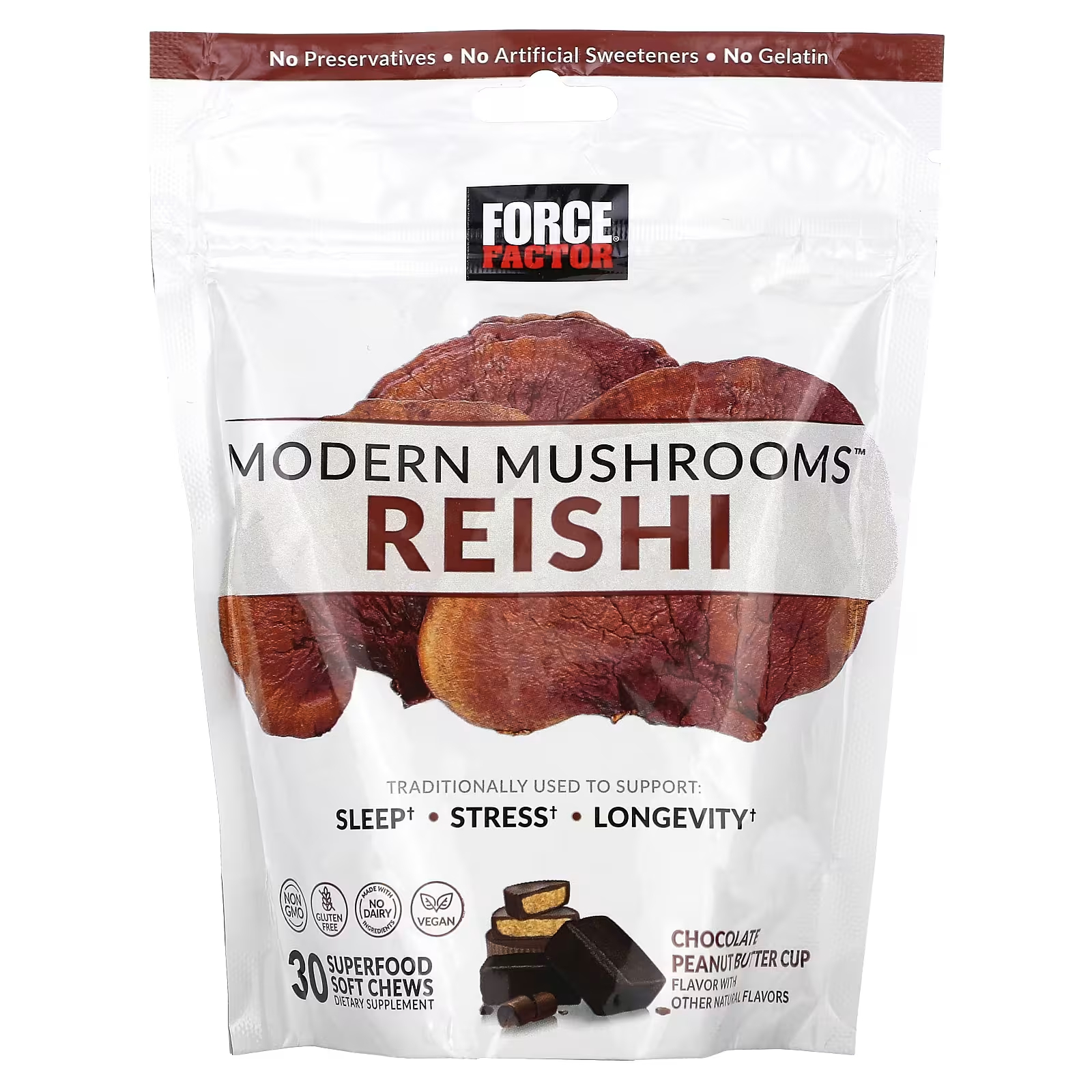 

Рейши Force Factor Modern Mushrooms со вкусом шоколада и арахисовой пасты, 30 жевательных таблеток