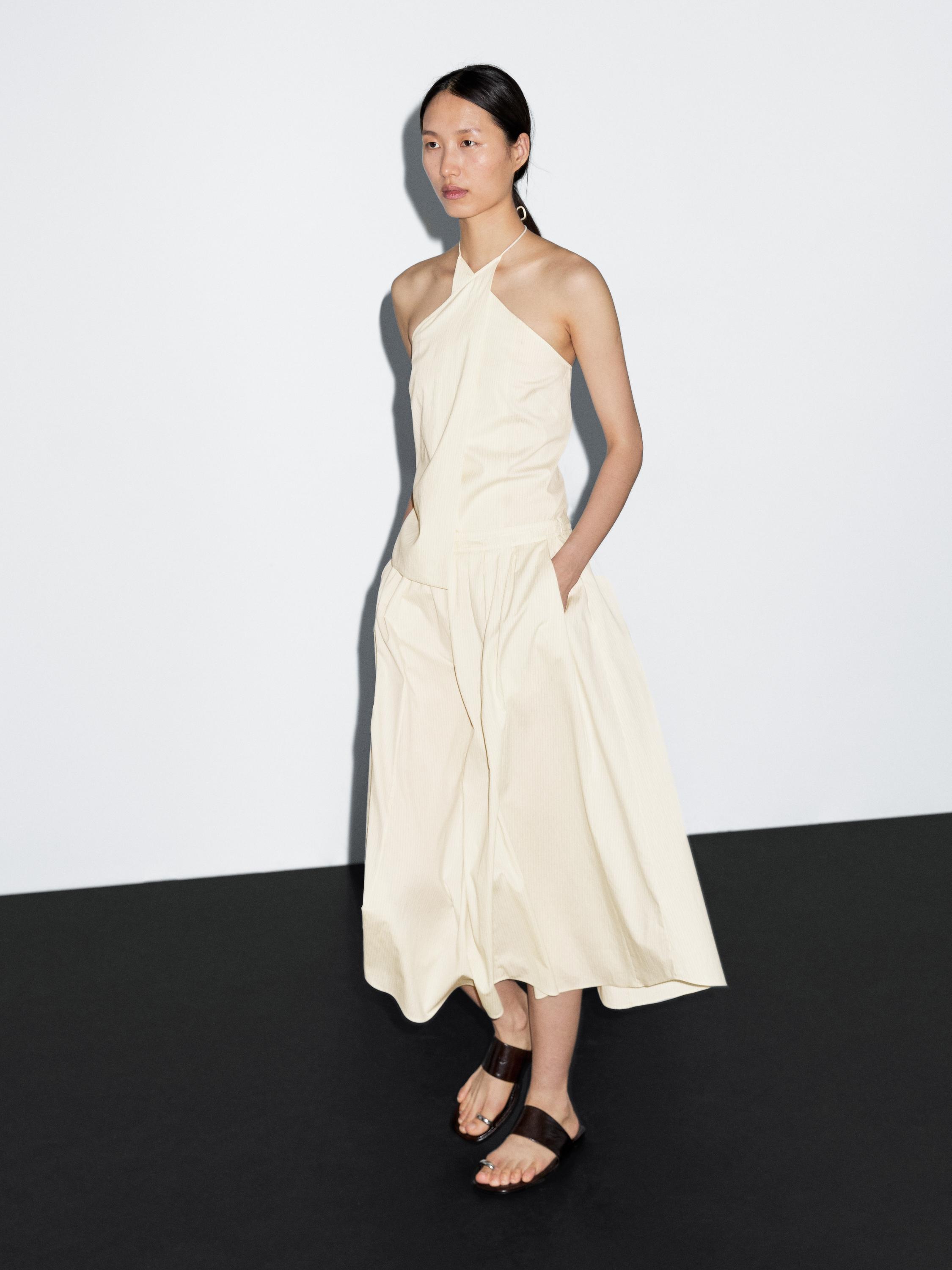 

Расклешенная юбка миди с полосатым принтом Massimo Dutti, кремовый