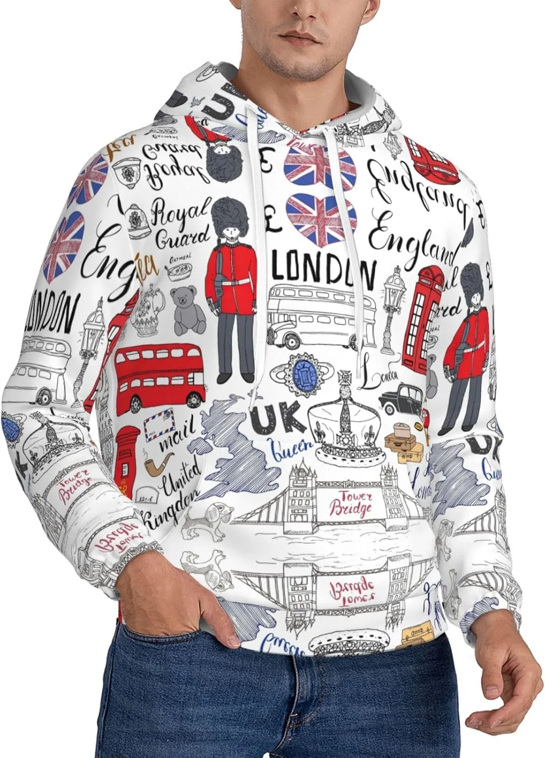 

Мужская флисовая толстовка с капюшоном X-Large, мягкая, с карманом и принтом I Love London, черная SamLng