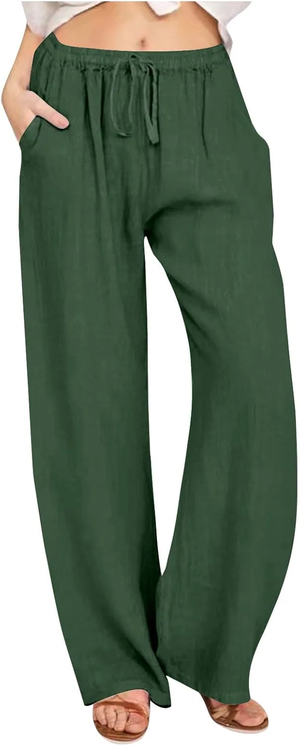 Женские широкие брюки из хлопка и льна, на запахе, с карманами, Army Green