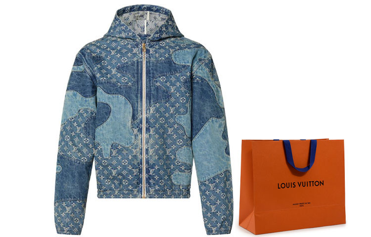 

LOUIS VUITTON Куртка худи из денима с монограммой и лоскутной отделкой, Shopping Bag Included