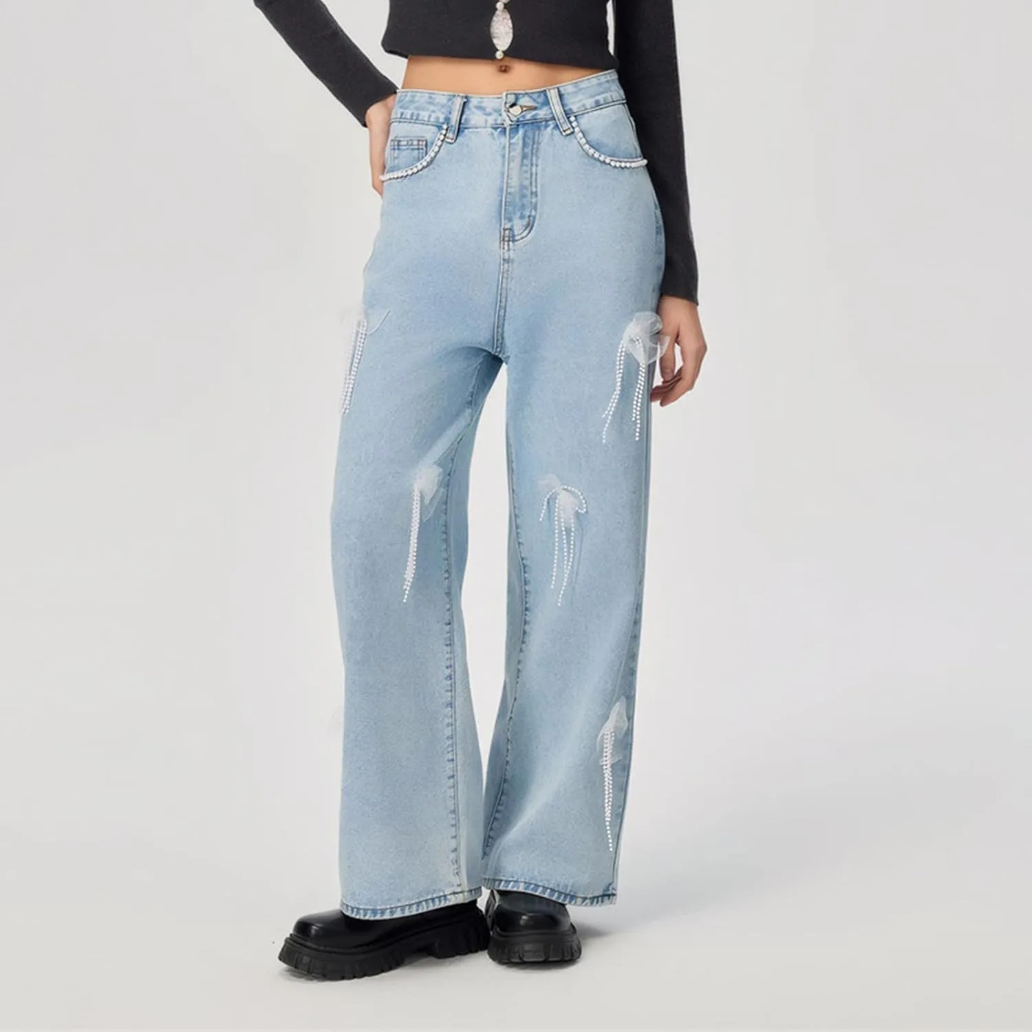 Женские джинсы Bow Wide Leg с высокой посадкой, светлая стирка, с бисерными цепочками — фото 2