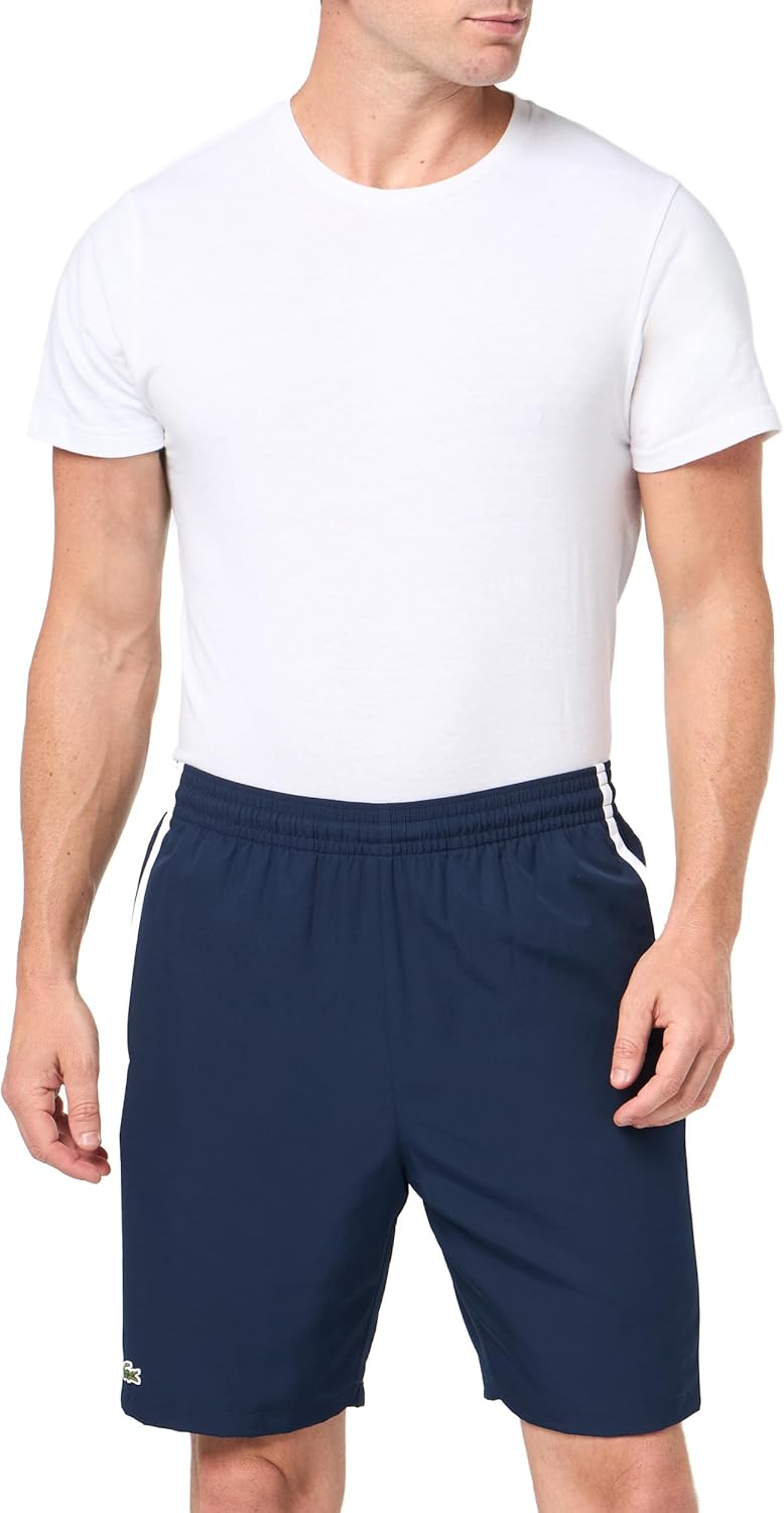 

Мужские теннисные шорты Lacoste Sport легкие с цветными блоками и полосками, Navy Blue/Ora/White