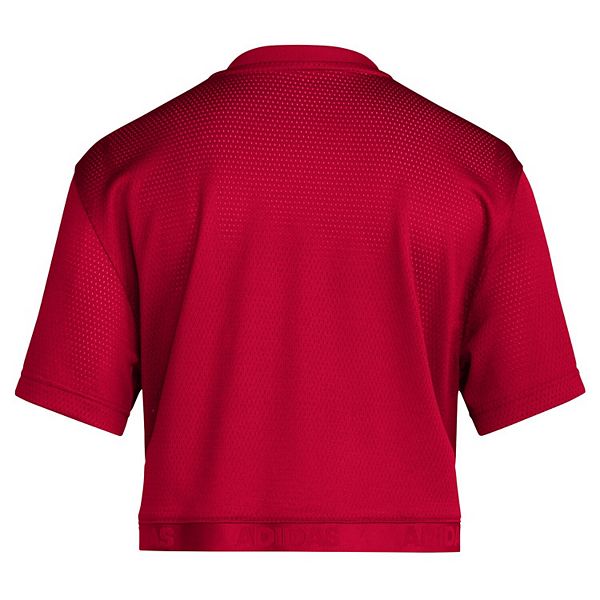 Женская красная футболка Kansas Jayhawks Primegreen с V-образным вырезом Adidas — фото 4