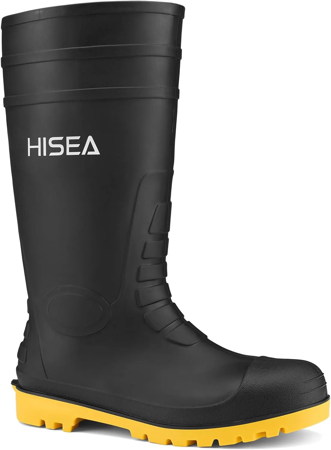 Мужские резиновые сапоги с стальным носком HISEA, водонепроницаемые ПВХ сапоги для сада, рыбалки и работы на открытом воздухе, прочные противоскользящие сапоги до колена для сельского хозяйства и промышленности, черный/желтый — фото 2