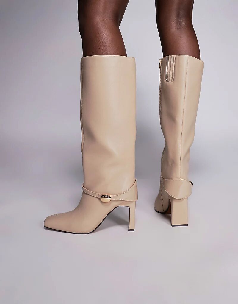 Сапоги River Island до колена с металлической фурнитурой бежевого цвета — фото 3