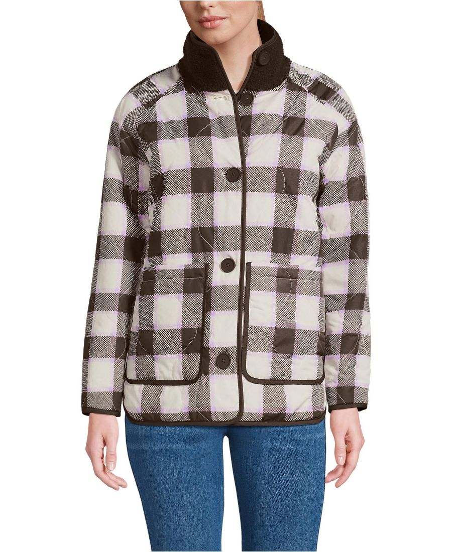 

Женская двусторонняя длинная куртка из флиса с высоким ворсом, выполненная из комбинированных материалов Lands' End, Rich coffee/brown check