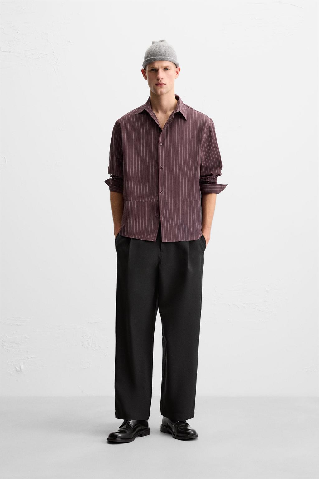 

Полосатый хлопковая рубашка ZARA, бордовый