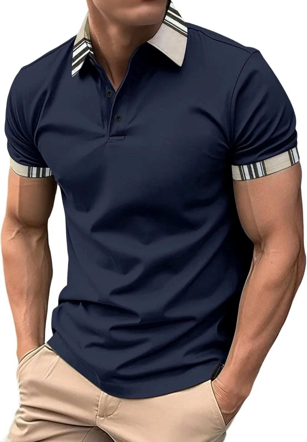 Мужское поло slim fit с контрастной отделкой воротника и манжет, Navy Blue