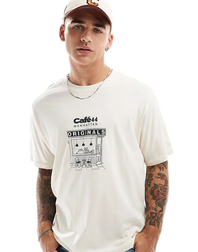 

Jack & Jones – Футболка оверсайз кремового цвета с принтом «Café 44» на груди