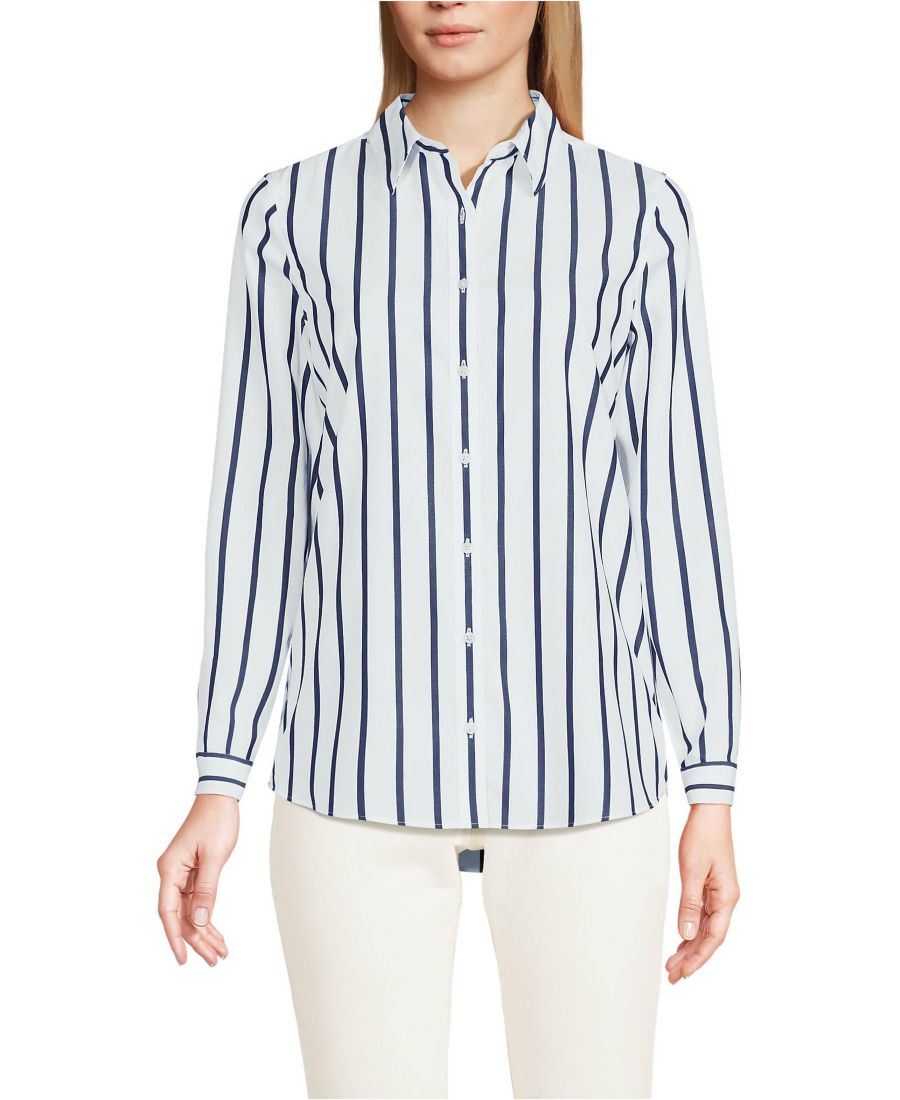 

Женская рубашка без глажки на пуговицах спереди Lands' End, White/navy classic stripe