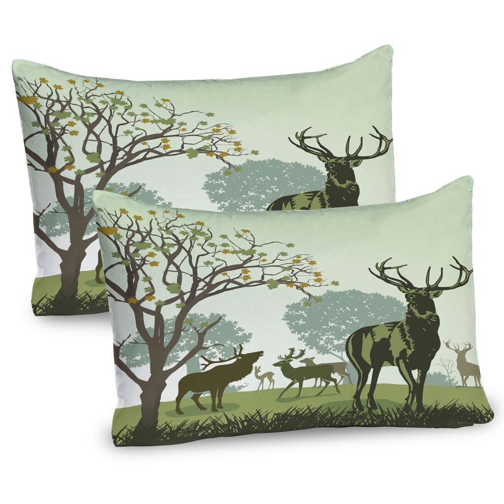 

ABAKUHAUS Antler Чехлы на подушку, набор из 2 шт., Олени и дикие животные в парке, внесенном в список объектов Всемирного природного наследия, Лесная зона Ren Nature Scene, Чехол для подушки с декоративным принтом, 80 x 40 см, Зеленый