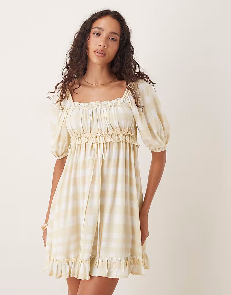 

Платье-рубашка мини с квадратным вырезом и рукавами-буфами в желтую клетку Asos Design