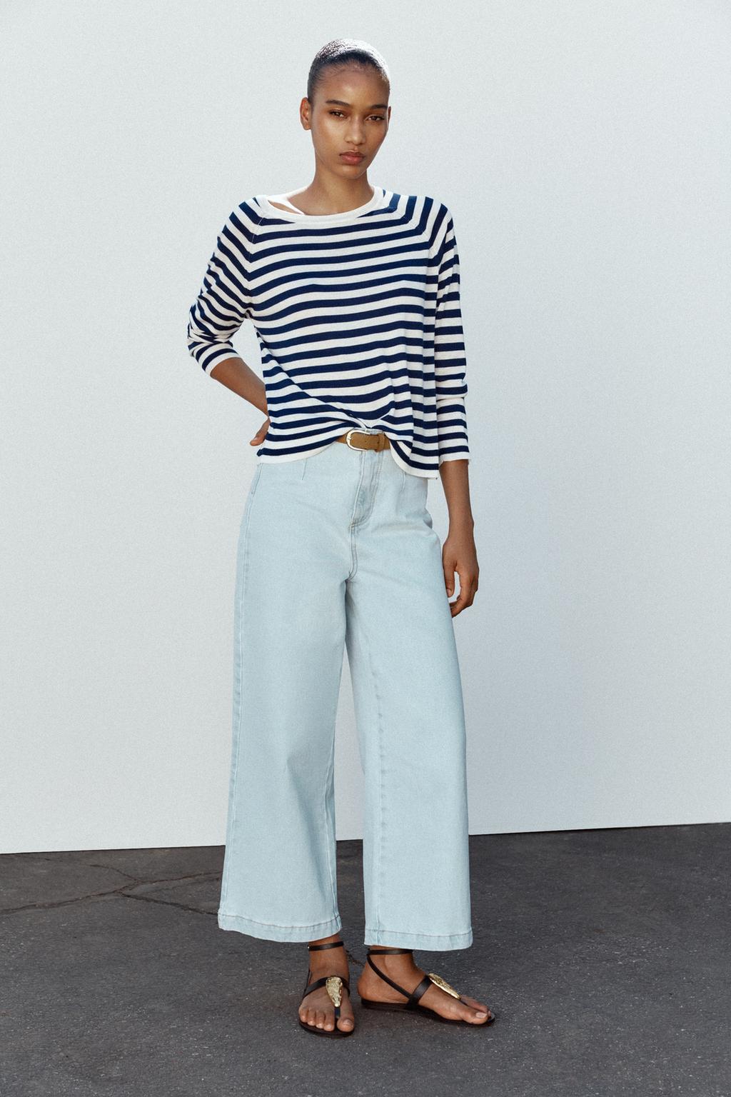 

Полосатый свитер тонкой вязки ZARA, цвет Ecru/Blue