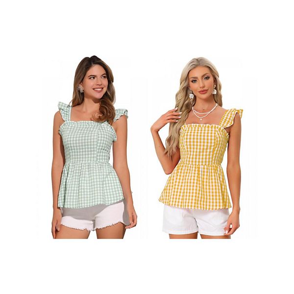 

Две упаковки топов с баской для женщин, летняя блузка с квадратным вырезом и без рукавов в клетку Inspire Chic, Light Pea Green Yellow