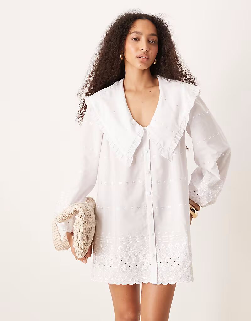 

ASOS DESIGN платье-рубашка мини с длинными рукавами и большим воротником белого цвета