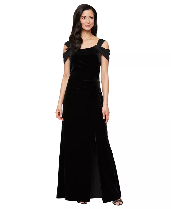 

Маленькое длинное платье с открытыми плечами из стрейч-вельвета Alex Evenings, черный